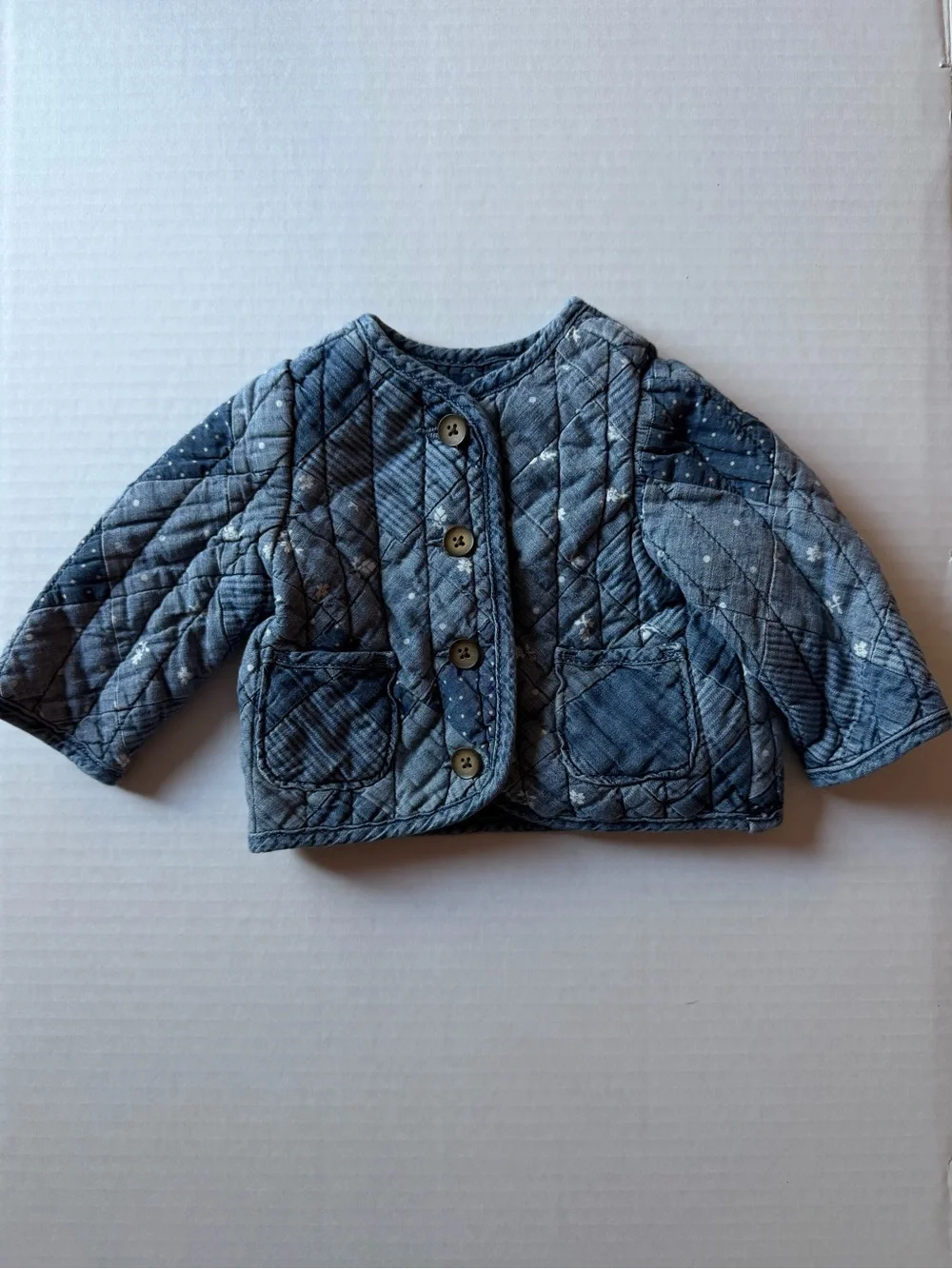 Baby Gap Denim Quilted Patchwork Jacket 0-6M Floral Polka Dot